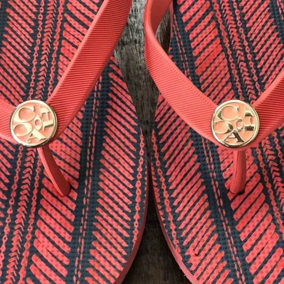 Coach Stripe Plaid Peachy Red and Black Designer Flip Flops - Picture 2 of 7
